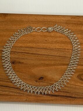 Vintage Silver Beaded Collar Choker Necklace Lace Netted Seed Bead Hand Woven